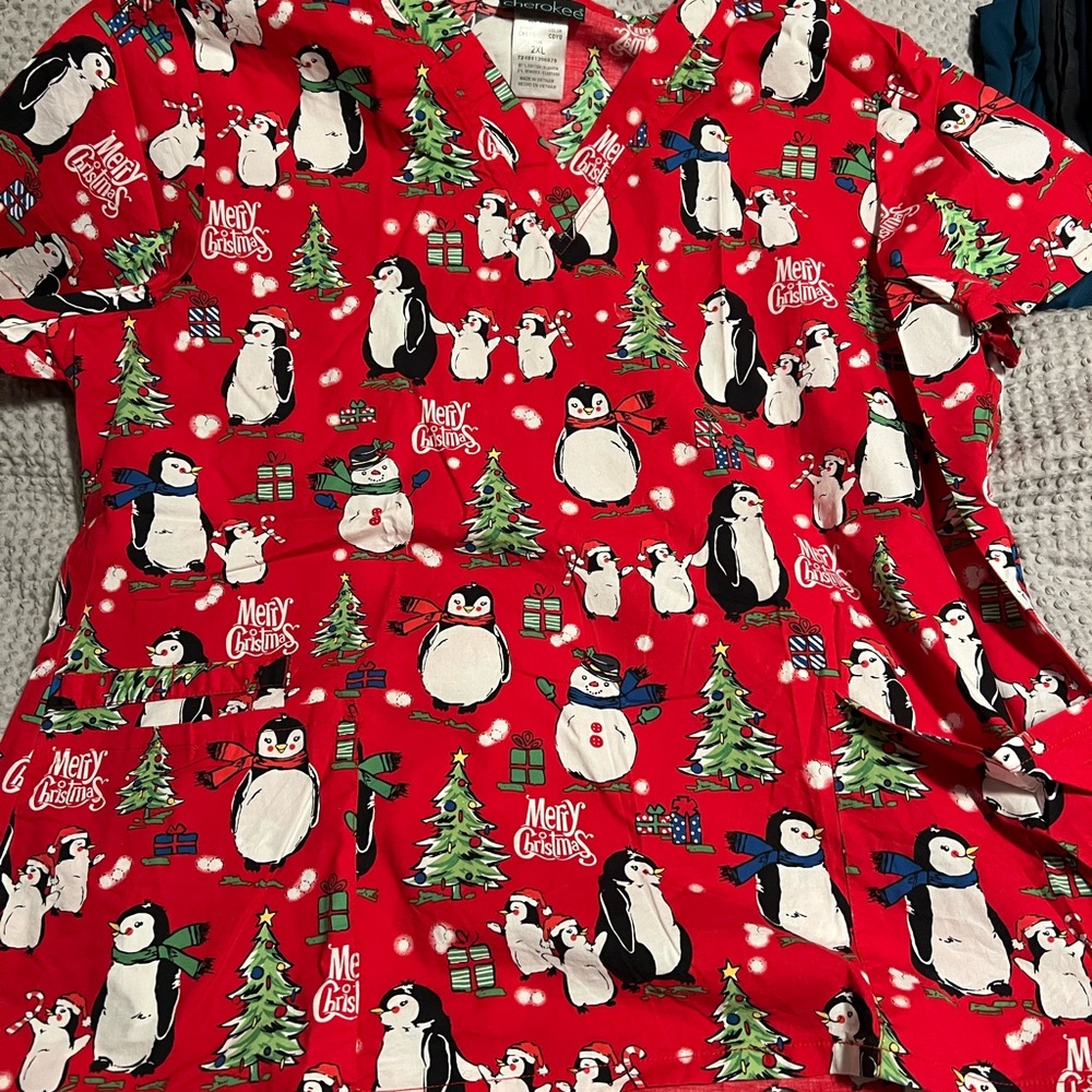 Festive Red Penguin Scrub Top